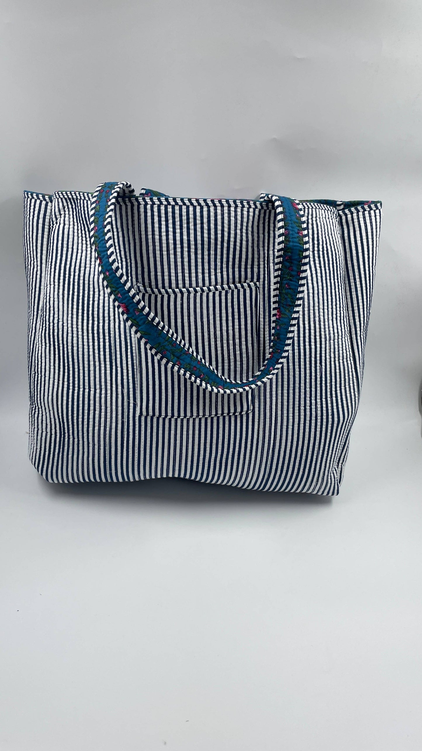 Pink & Blue Floral Kantha Quilted Boho Reversible Tote Bag