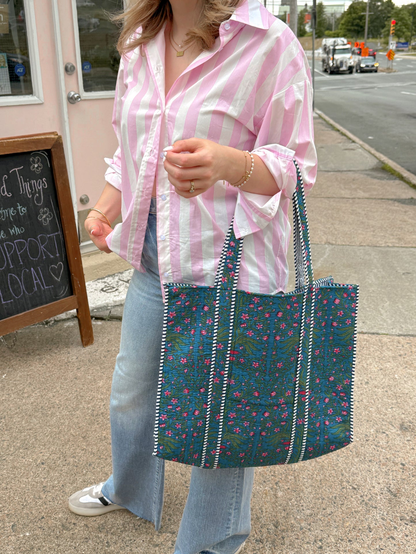 Pink & Blue Floral Kantha Quilted Boho Reversible Tote Bag