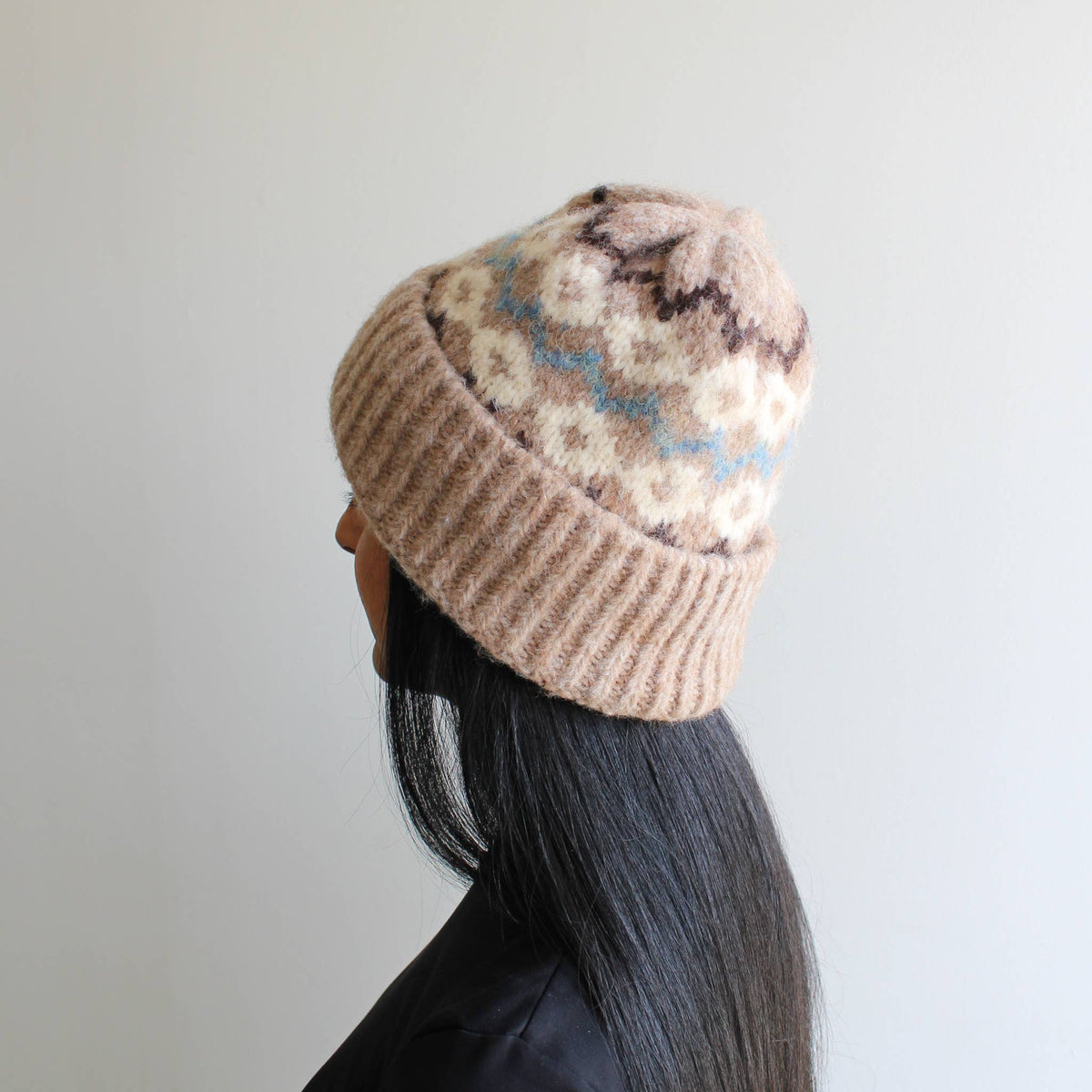 Beige Patterned Wool Blend Winter Hat