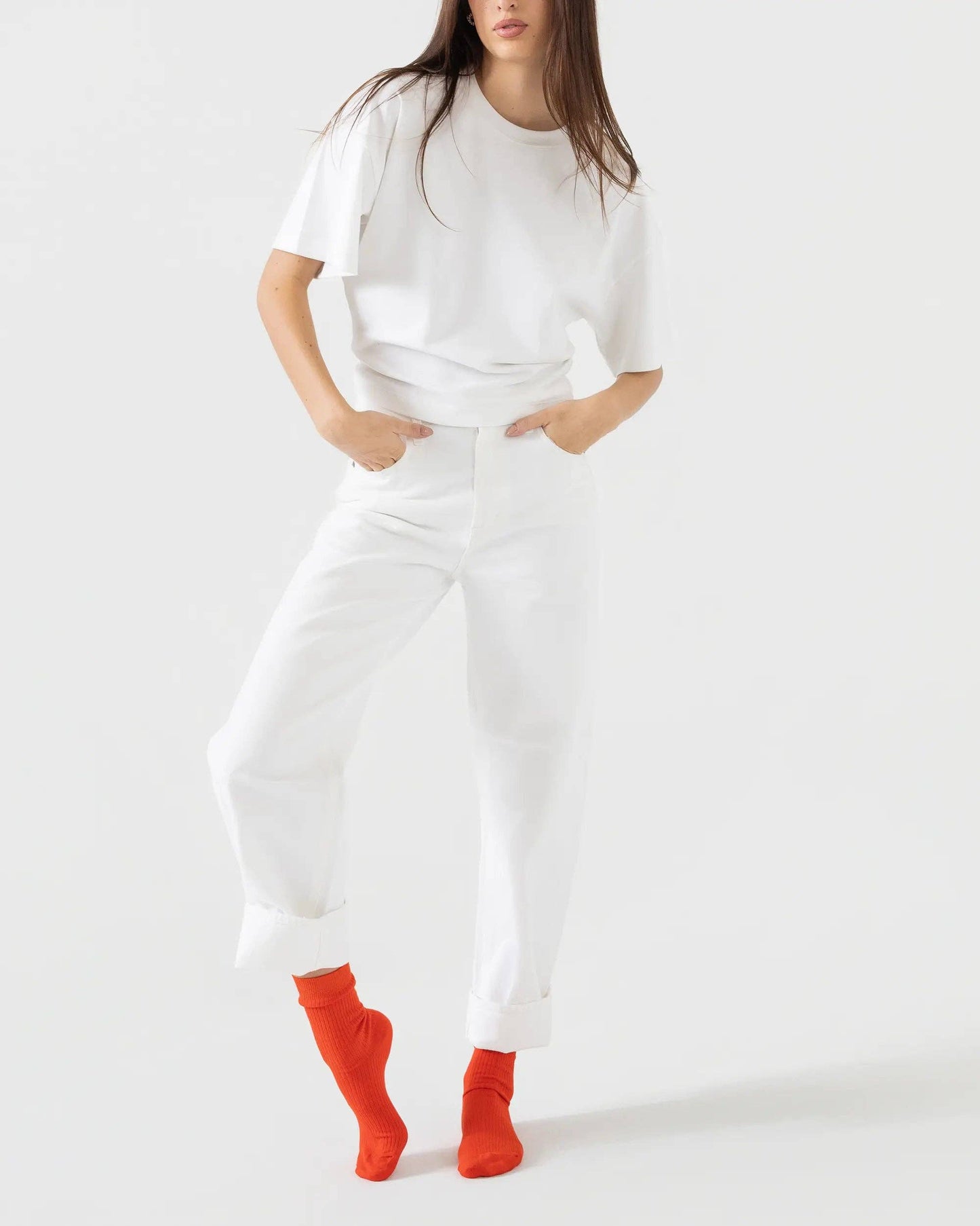 Combed Cotton Ribbed Crew Socks in Tomato