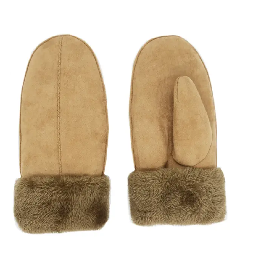 Ladies Faux Suede Mitten With Sherpa Cuff in Camel