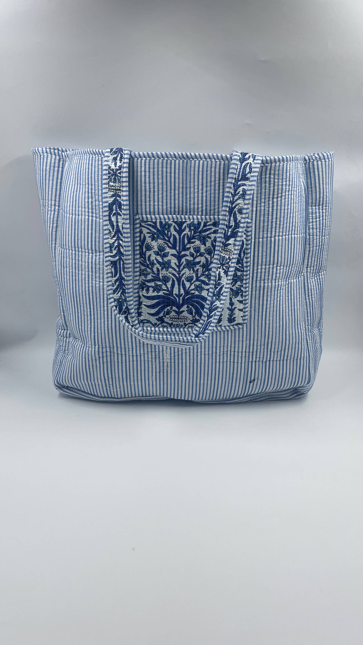 Blue Floral Kantha Quilted Boho Reversible Tote Bag