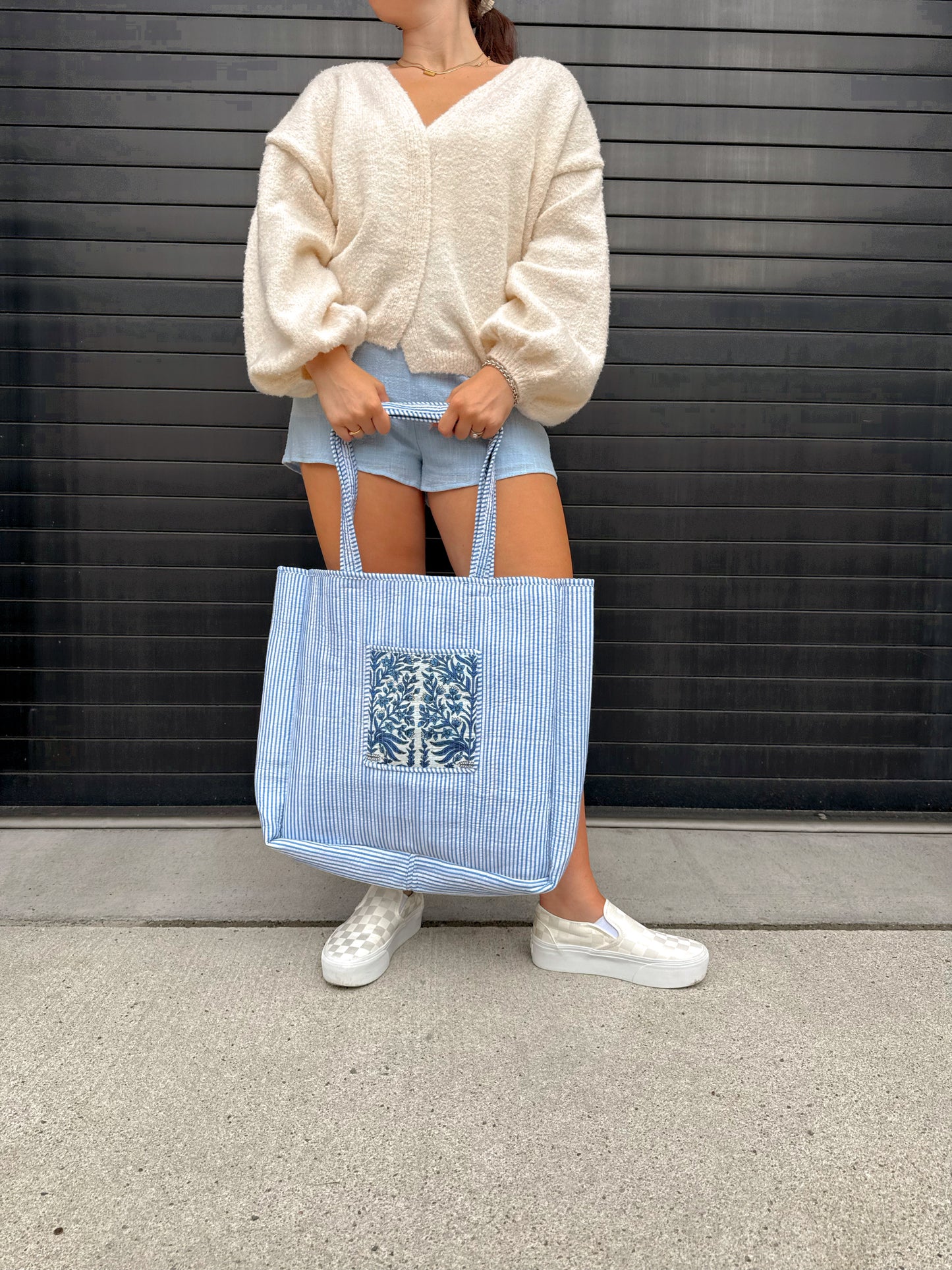 Blue Floral Kantha Quilted Boho Reversible Tote Bag