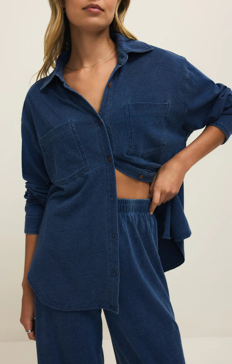 Reese Jersey Denim Button Up in Indigo