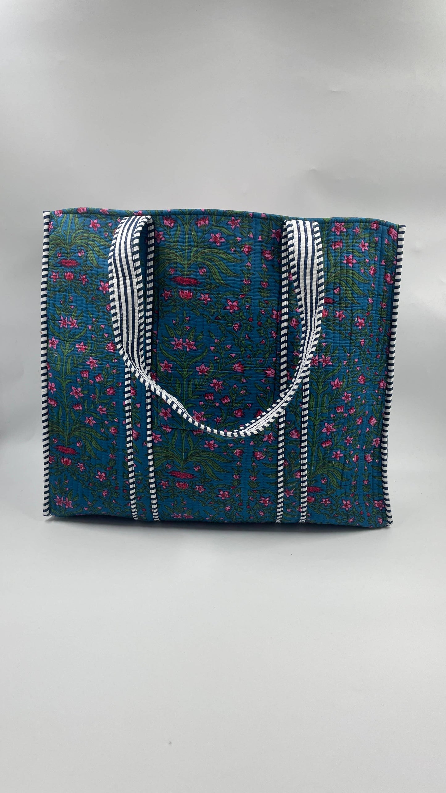 Pink & Blue Floral Kantha Quilted Boho Reversible Tote Bag