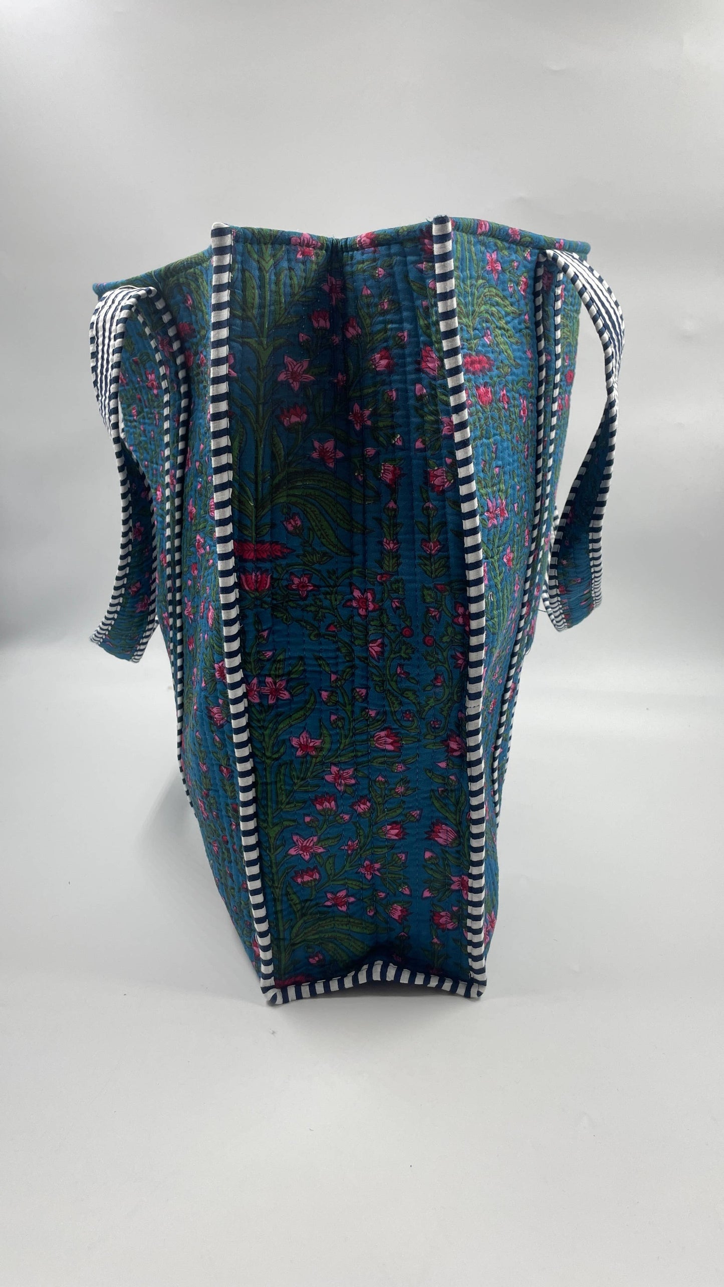 Pink & Blue Floral Kantha Quilted Boho Reversible Tote Bag