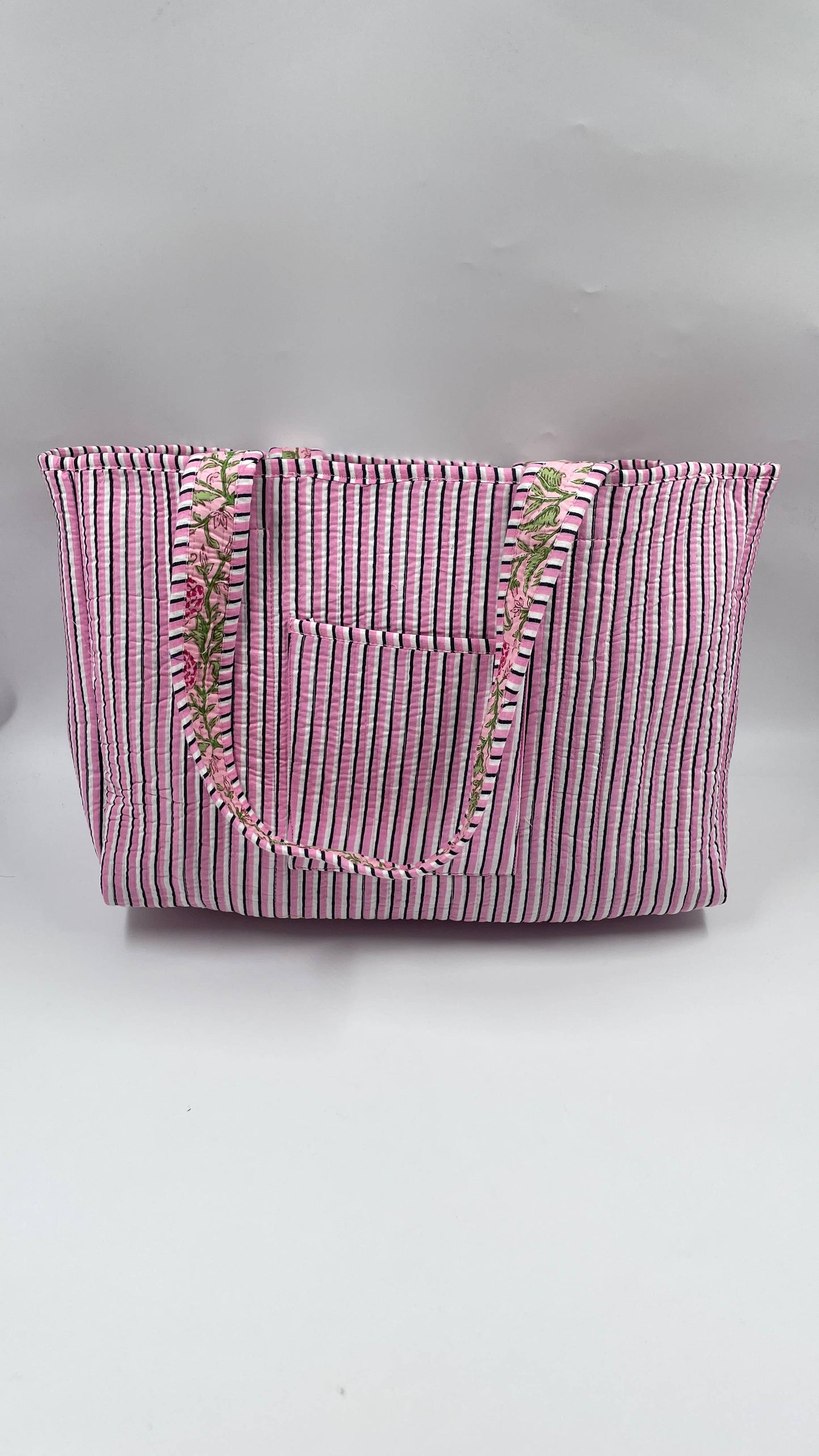 Pink Floral Kantha Quilted Boho Reversible Tote Bag