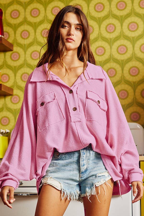 Bubblegum French Terry Knit Collared Loose Fit Top
