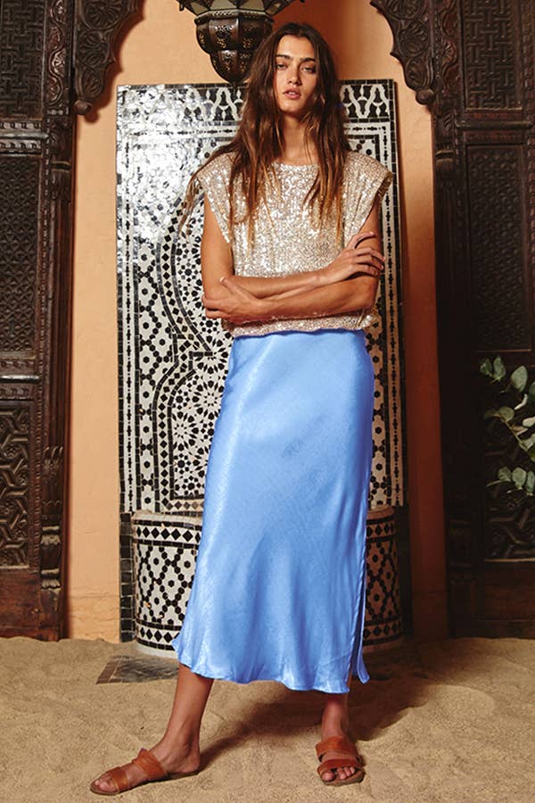Sky Satin Midi Skirt