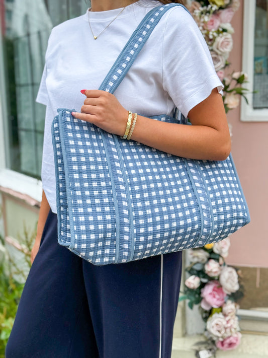 Blue Cotton Kantha Quilted Boho Reversible Small Tote Bag