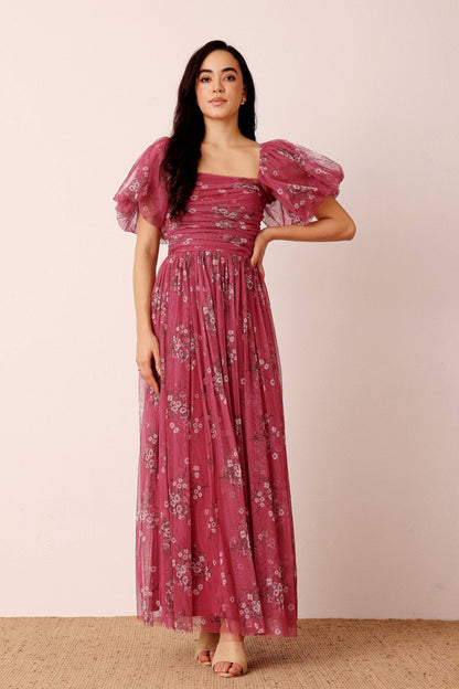 Lana Puff Sleeve Tulle Maxi Dress in Orchid Floral