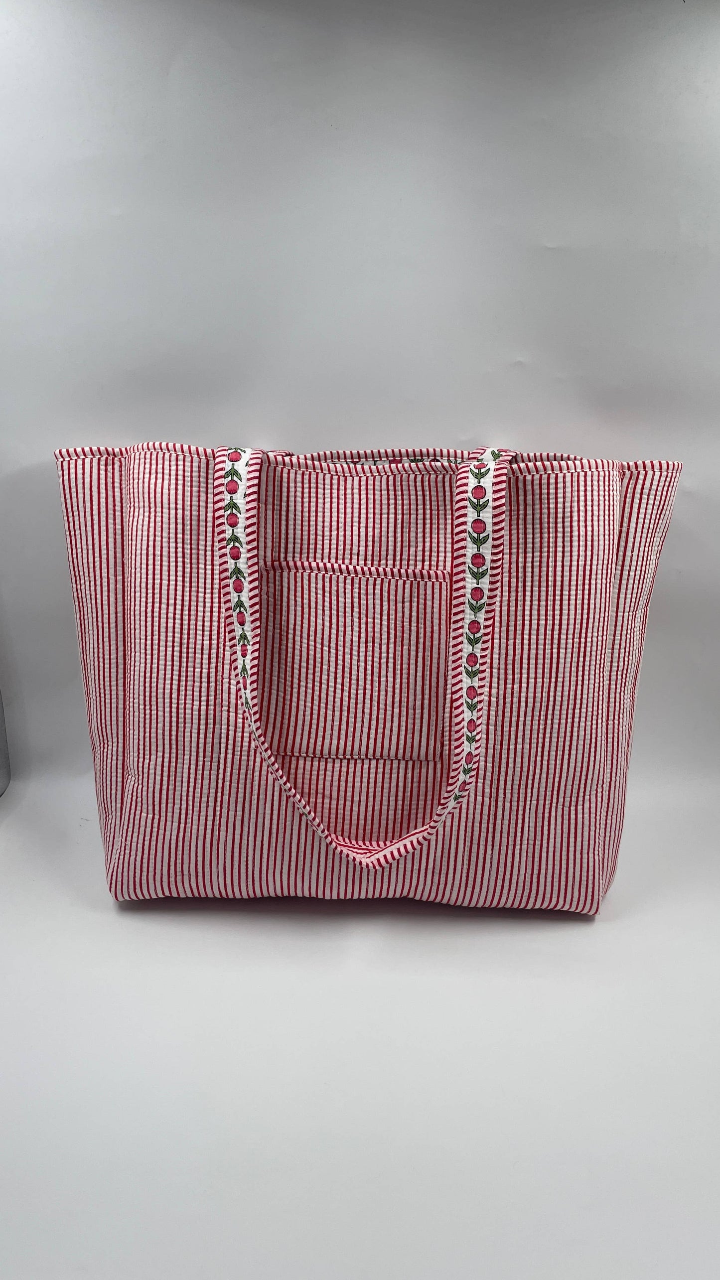 Pink Flower Kantha Quilted Boho Reversible Tote Bag