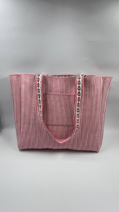 Pink Flower Kantha Quilted Boho Reversible Tote Bag