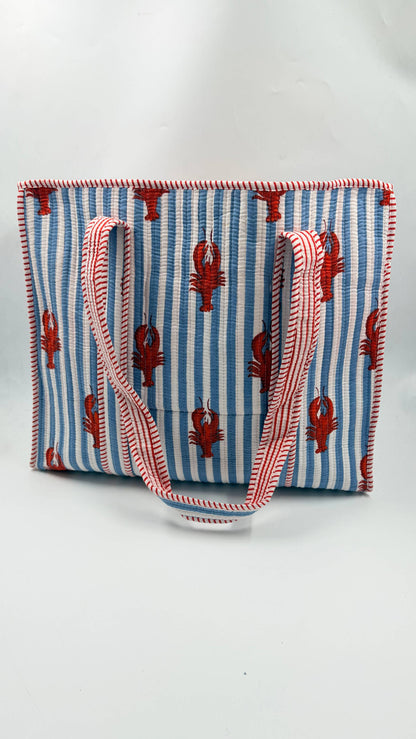 Lobster Cotton Kantha Quilted Boho Floral Reversible Tote Bag