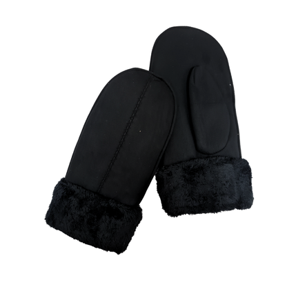 Ladies Faux Suede Mitten With Sherpa Cuff in Black