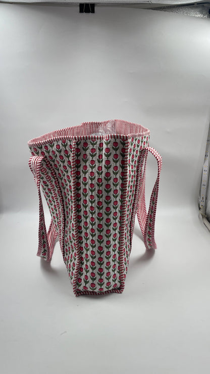 Pink Flower Kantha Quilted Boho Reversible Tote Bag