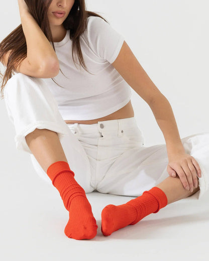 Combed Cotton Ribbed Crew Socks in Tomato