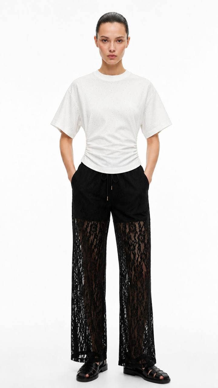 Crystal Ruched Embellished Tee