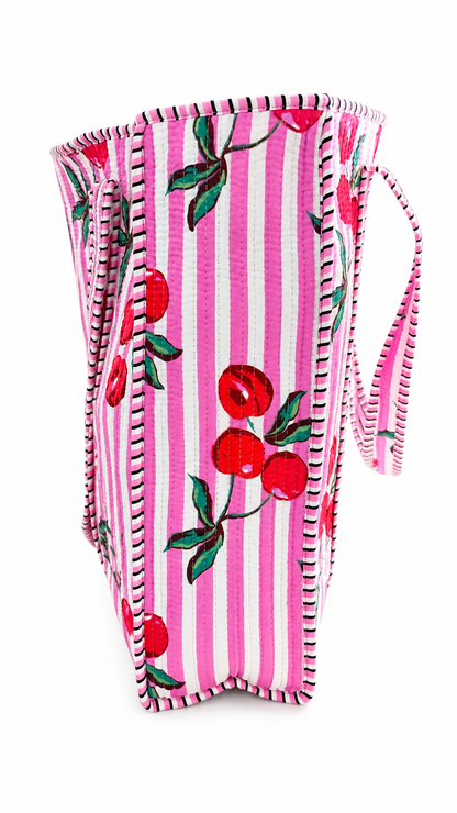 Cherries Cotton Kantha Quilted Boho Floral Reversible Tote Bag 