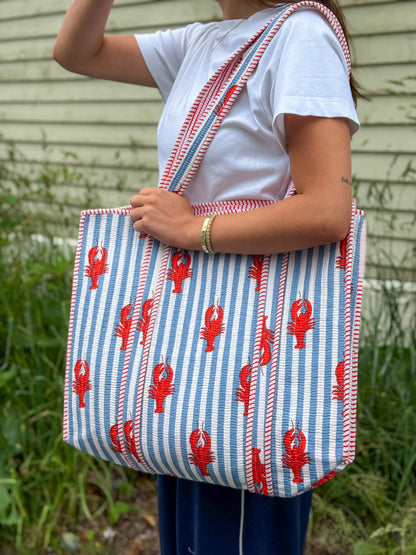 Lobster Cotton Kantha Quilted Boho Floral Reversible Tote Bag