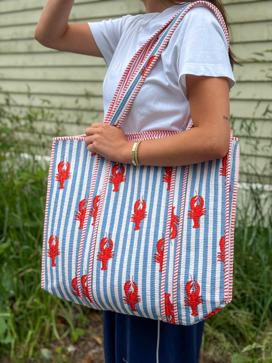 Lobster Cotton Kantha Quilted Boho Floral Reversible Tote Bag