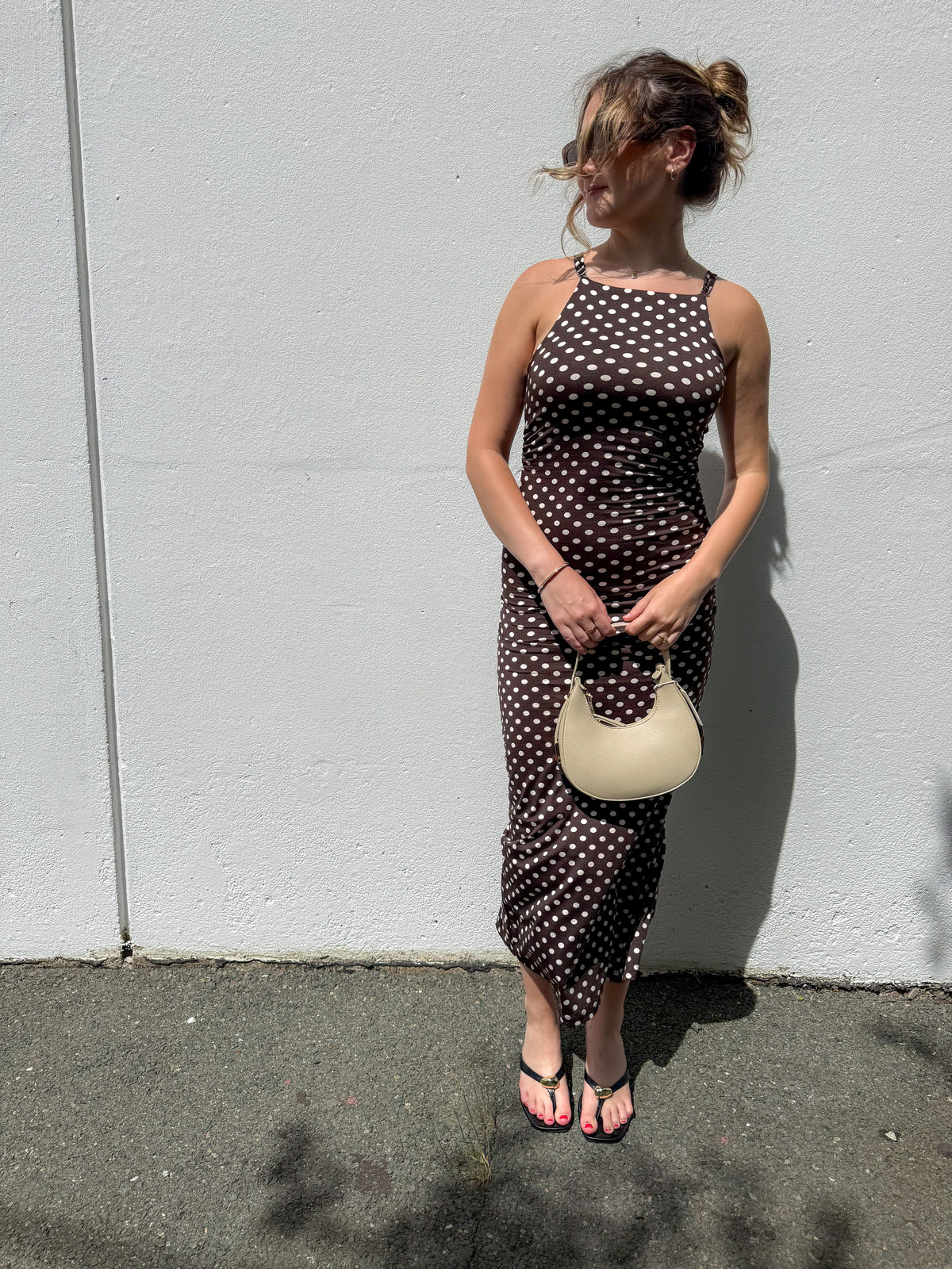 Chocolate Polka-Dot Ruched Dress
