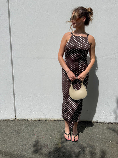 Chocolate Polka-Dot Ruched Dress