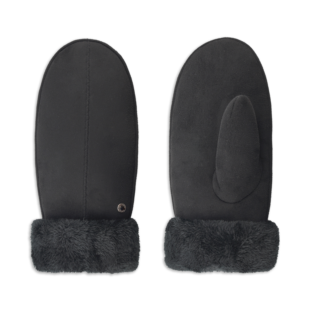 Ladies Faux Suede Mitten With Sherpa Cuff in Black