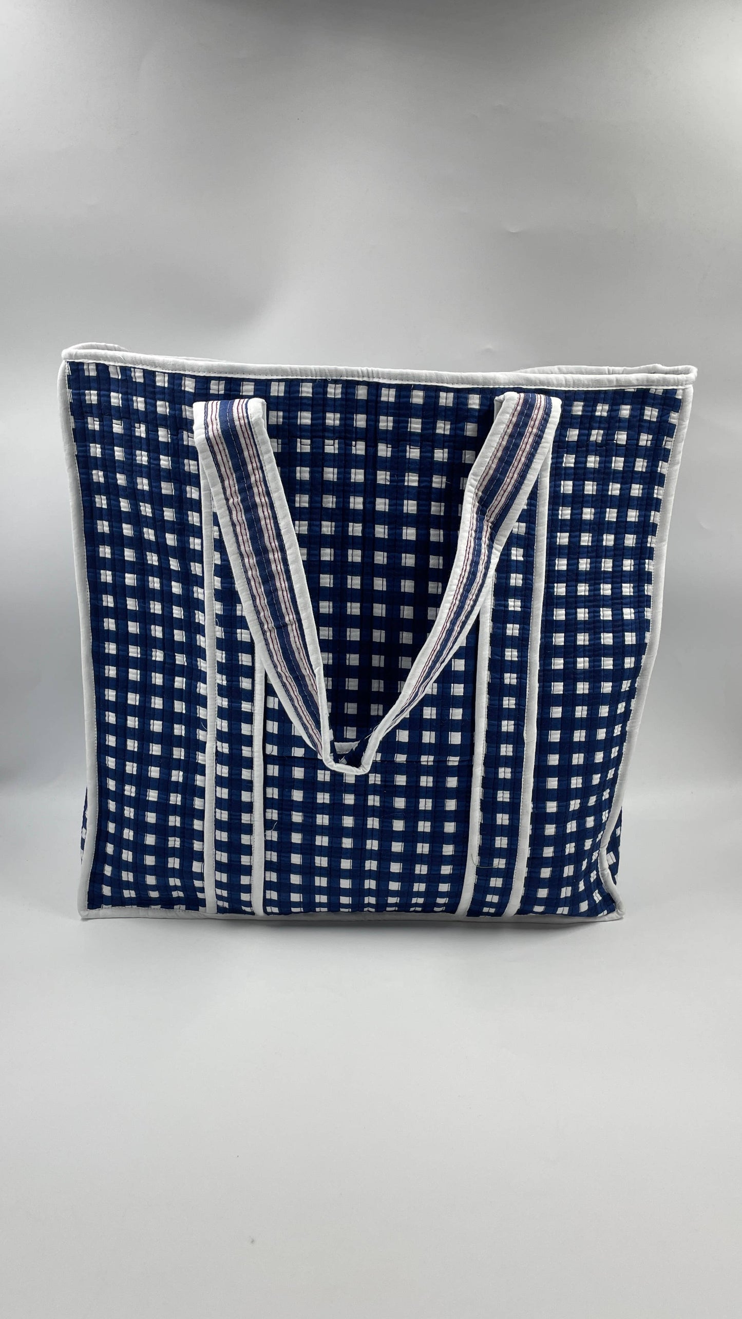 Navy Kantha Quilted Boho Box Reversible Tote Bag 