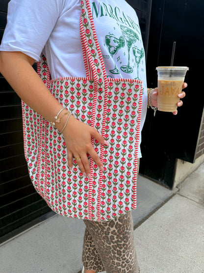 Pink Flower Kantha Quilted Boho Reversible Tote Bag