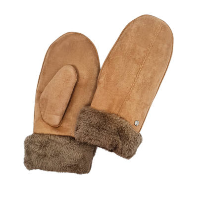 Ladies Faux Suede Mitten With Sherpa Cuff in Camel