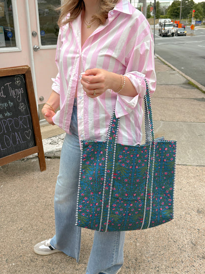 Pink & Blue Floral Kantha Quilted Boho Reversible Tote Bag