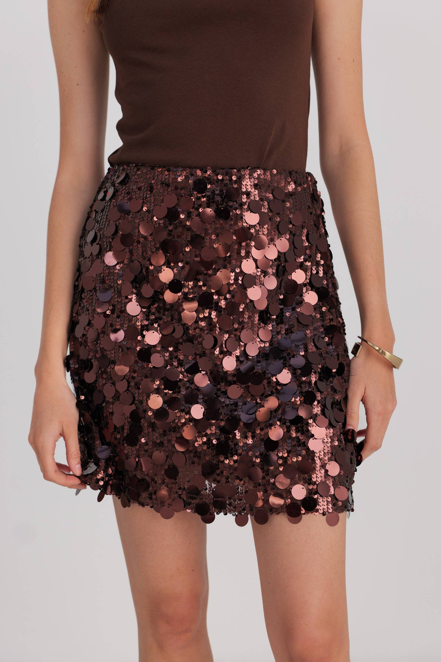 Hilary Sequin Mini Skirt in Brown
