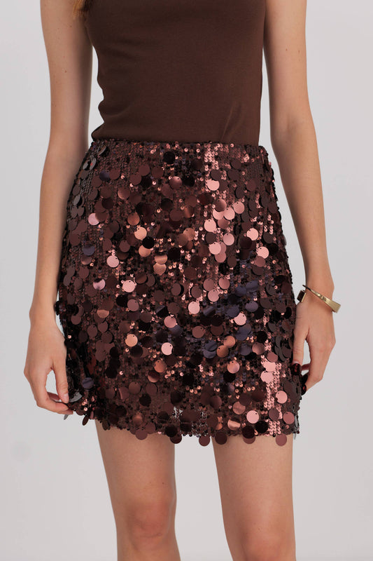 Hilary Sequin Mini Skirt in Brown