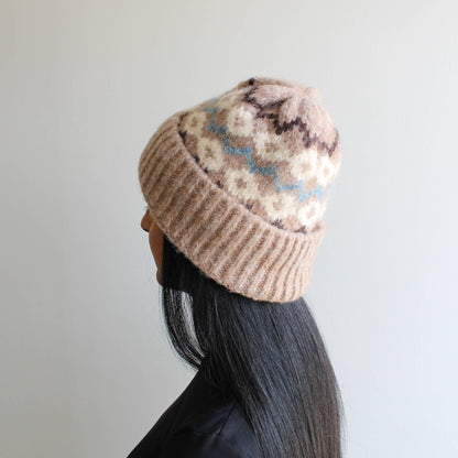 Beige Patterned Wool Blend Winter Hat