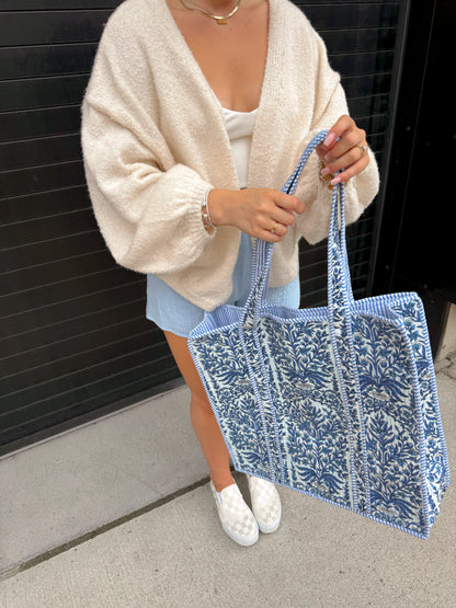 Blue Floral Kantha Quilted Boho Reversible Tote Bag