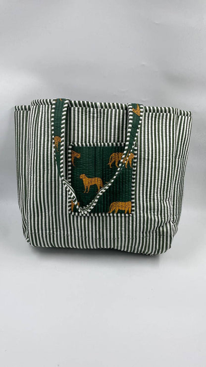 Leopard Kantha Quilted Boho Reversible Tote Bag