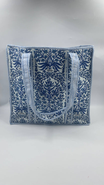 Blue Floral Kantha Quilted Boho Reversible Tote Bag