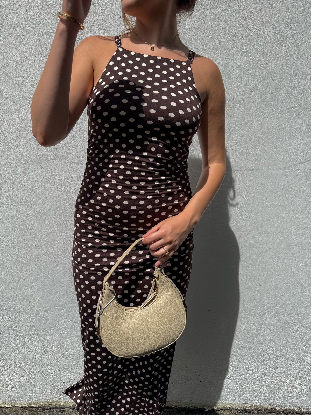 Chocolate Polka-Dot Ruched Dress