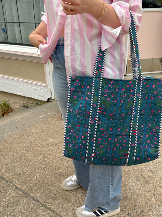 Pink & Blue Floral Kantha Quilted Boho Reversible Tote Bag