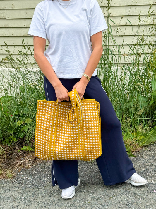 Mustard Cotton Kantha Quilted Boho Box Reversible Tote Bag