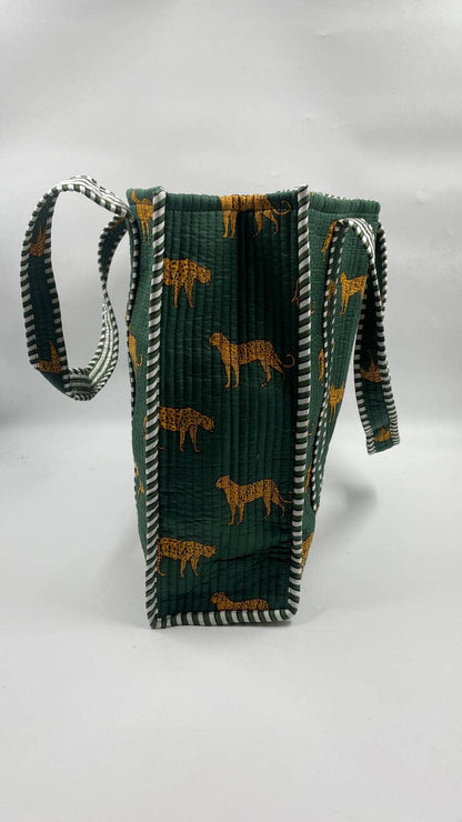 Leopard Kantha Quilted Boho Reversible Tote Bag