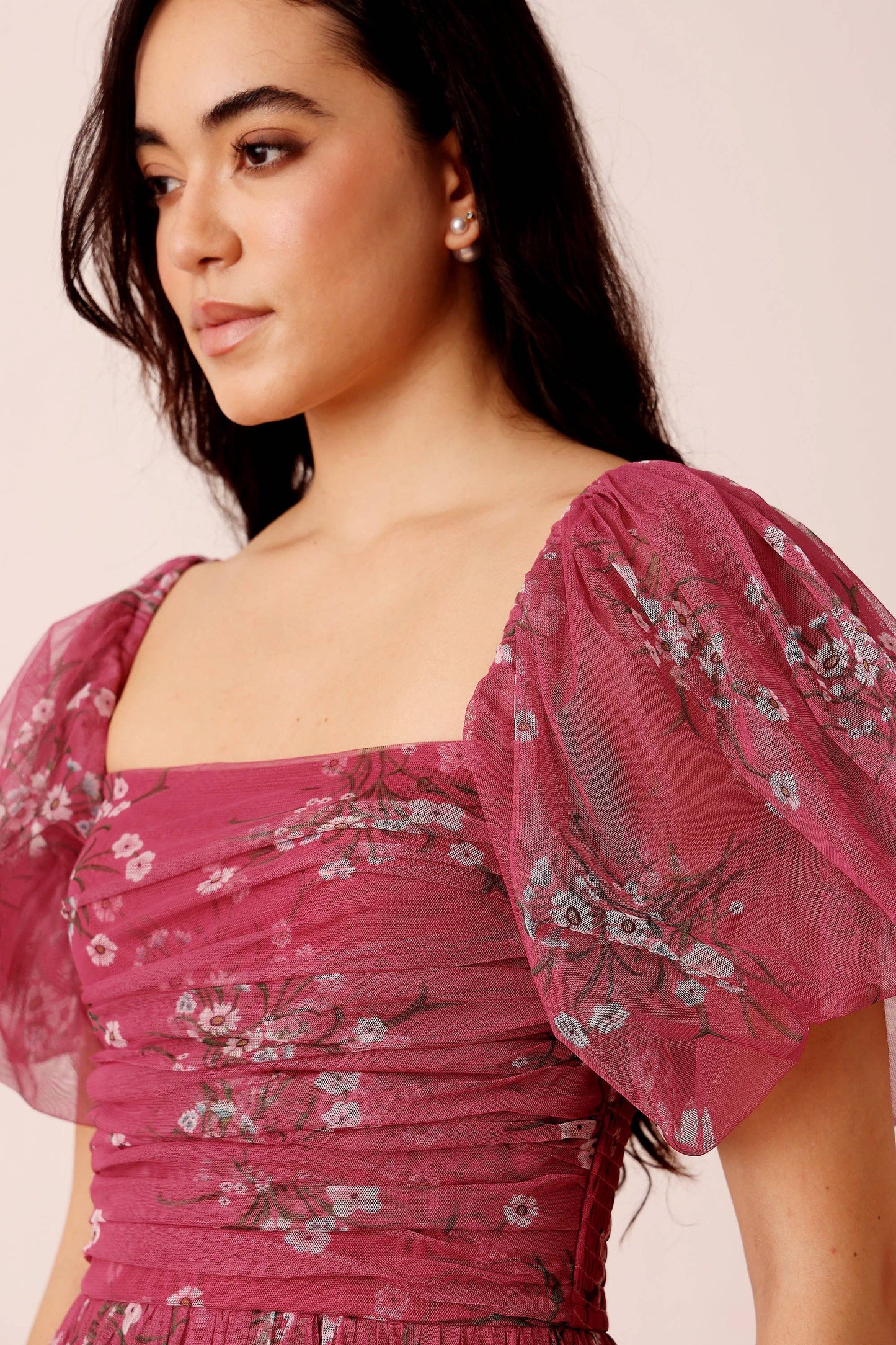 Lana Puff Sleeve Tulle Maxi Dress in Orchid Floral