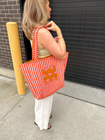 Boho Floral Kantha Quilted  Reversible Tote Bag