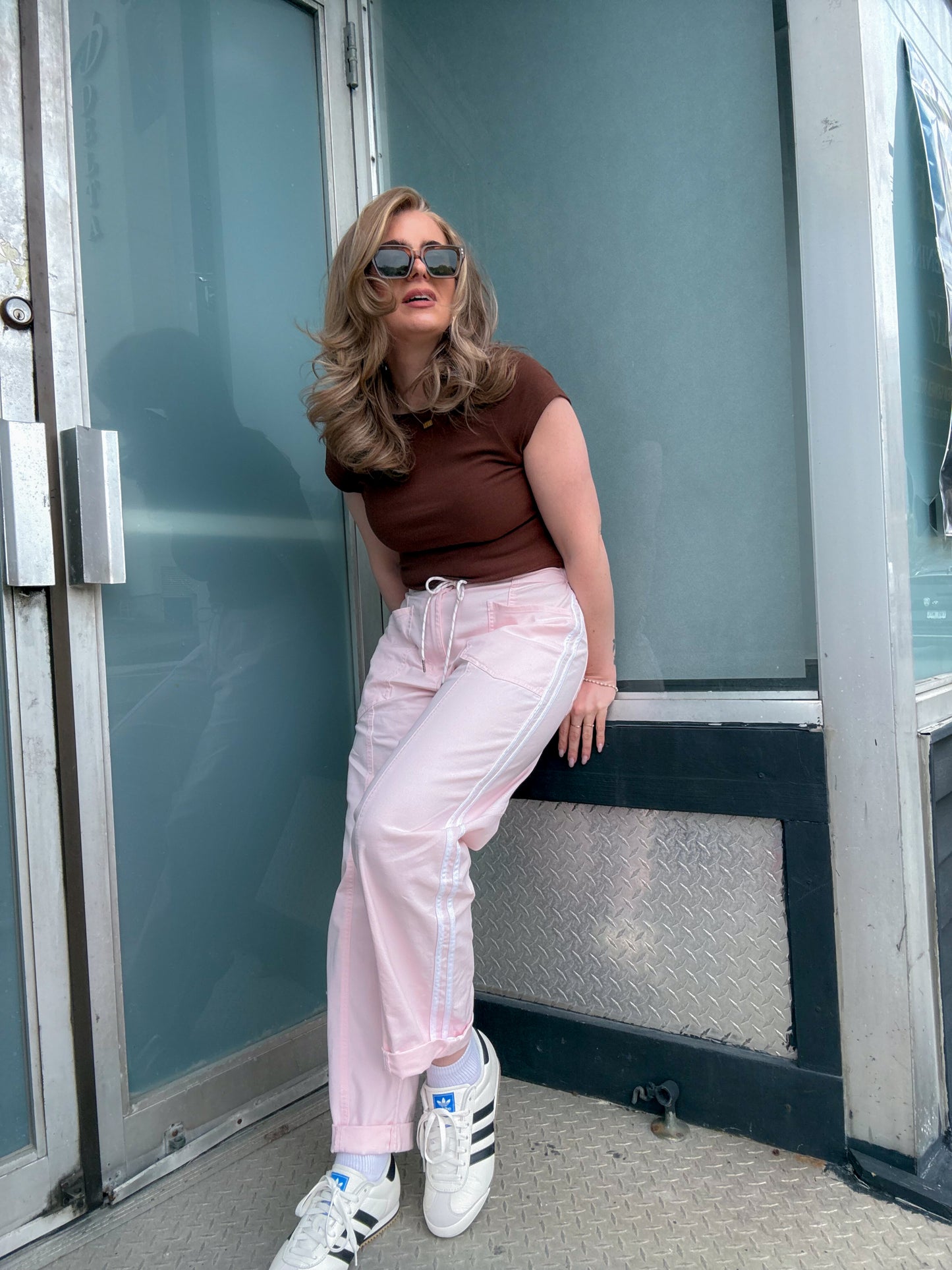 Villa Drawstring Barrel Leg Jean in Pink and Sport Stripe