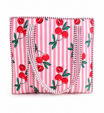 Cherries Cotton Kantha Quilted Boho Floral Reversible Tote Bag 