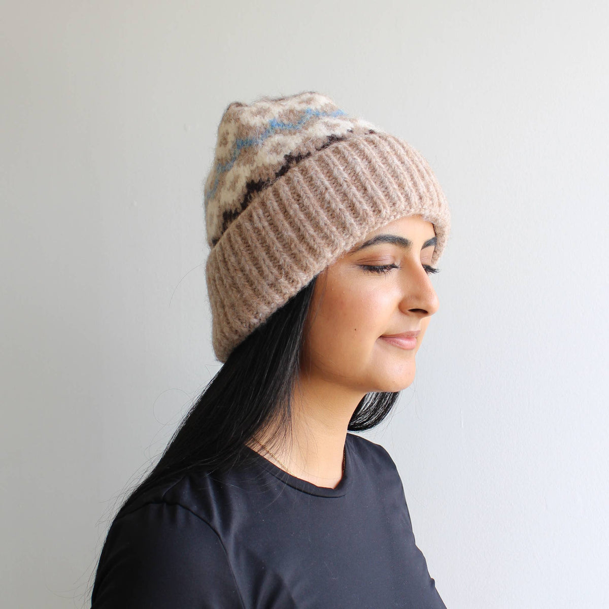 Beige Patterned Wool Blend Winter Hat