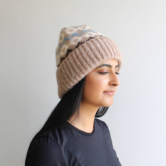 Beige Patterned Wool Blend Winter Hat