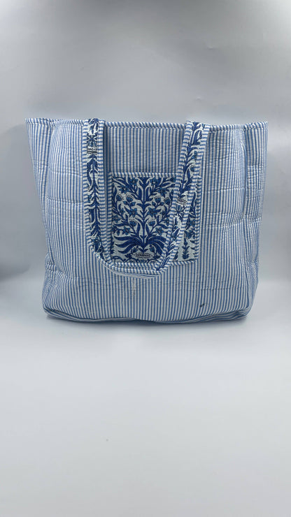 Blue Floral Kantha Quilted Boho Reversible Tote Bag