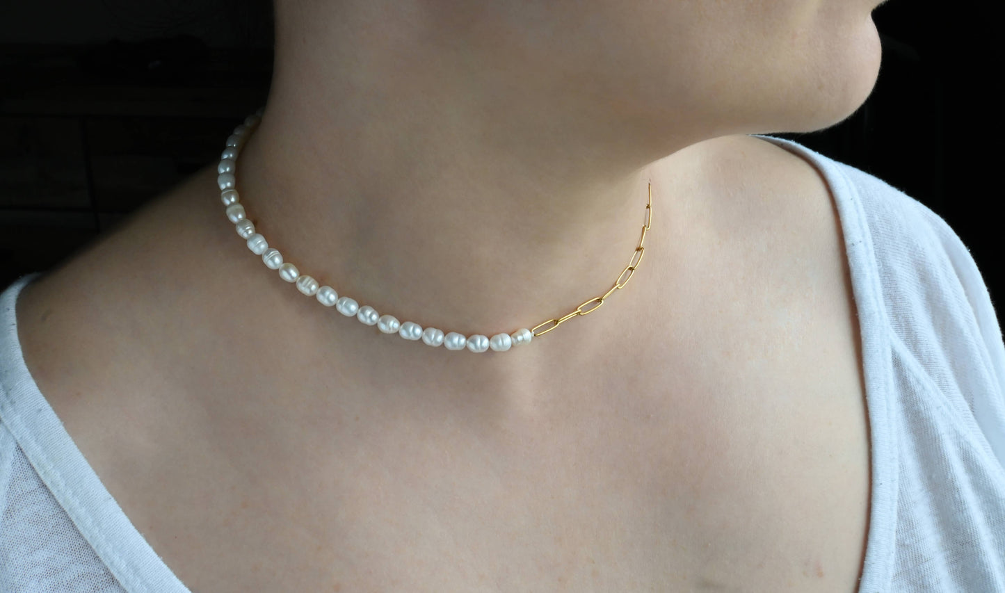 Pearl + Paperclip Toggle Necklace